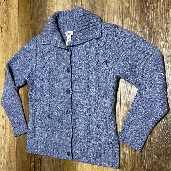 LL Bean Wool Cable Knit Cardigan Sweater Womens M Blue Fisherman Preppy Cottage - Picture 2 of 7